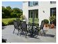 Garten-Essgruppe mit schwarzem Tisch und sechs grünen Stühlen auf einer modernen Terrasse.