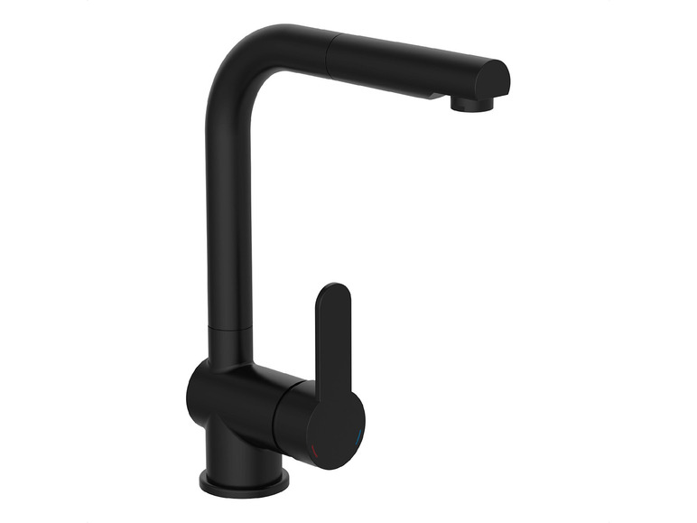 Ein schwarzer Küchenwasserhahn mit hohem Auslauf.