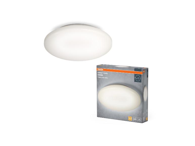 Runde LED-Deckenleuchte und ihre Verpackung, mit Informationen zu den Eigenschaften der Leuchte.