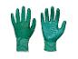 Zwei grüne Gartenhandschuhe mit gerippten Bündchen, einer mit der Handfläche nach vorne und einer mit dem Handrücken nach vorne.