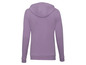 Lilafarbener Hoodie mit Kapuze und langen Ärmeln.