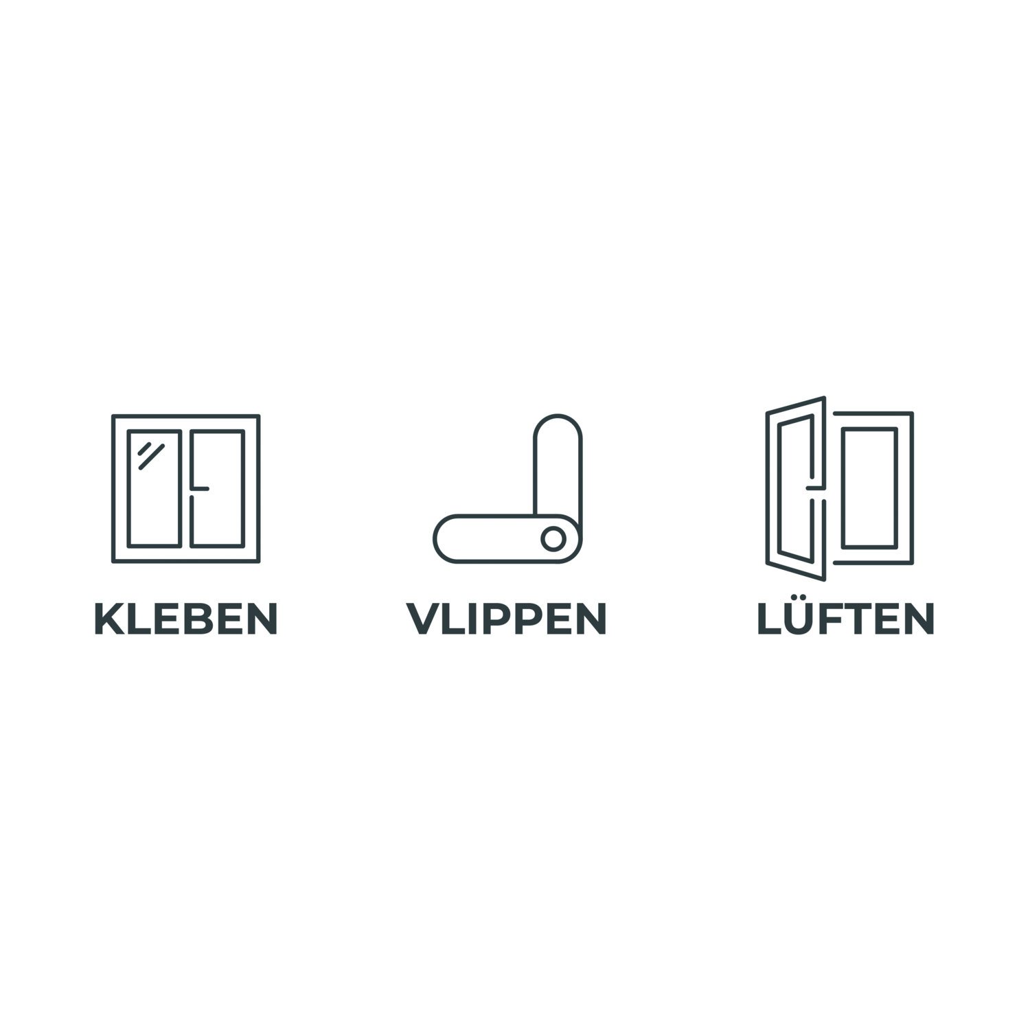 Symbole mit Texten: KLEBEN, VLIPPEN, LÜFTEN.