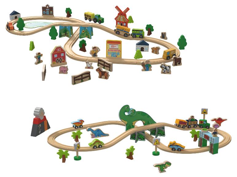 Holzeisenbahn-Set mit Bauernhof- und Dinosaurier-Thema.