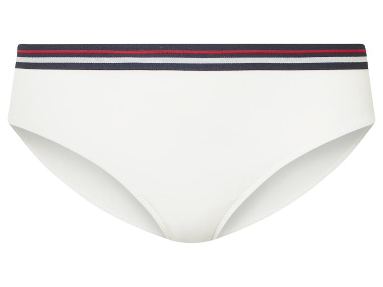 Weiße Damen-Slip mit dunkelblauen, roten und weißen Streifen.