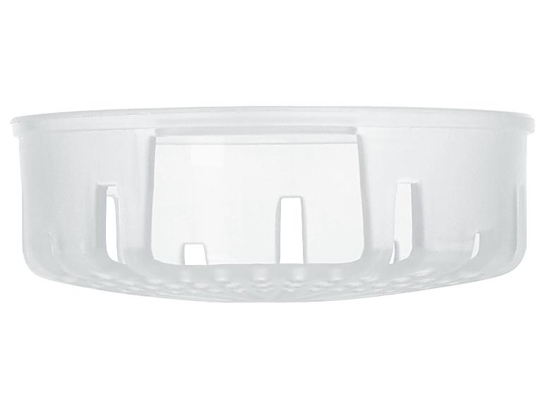 Transparenter Kunststoff-Spülmaschinenkorb mit Schlitzen für Besteck.