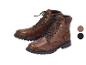 Braune Herren-Schnürstiefel mit seitlichem Reißverschluss und schwarzen Sohlen, mit Farbmustern.