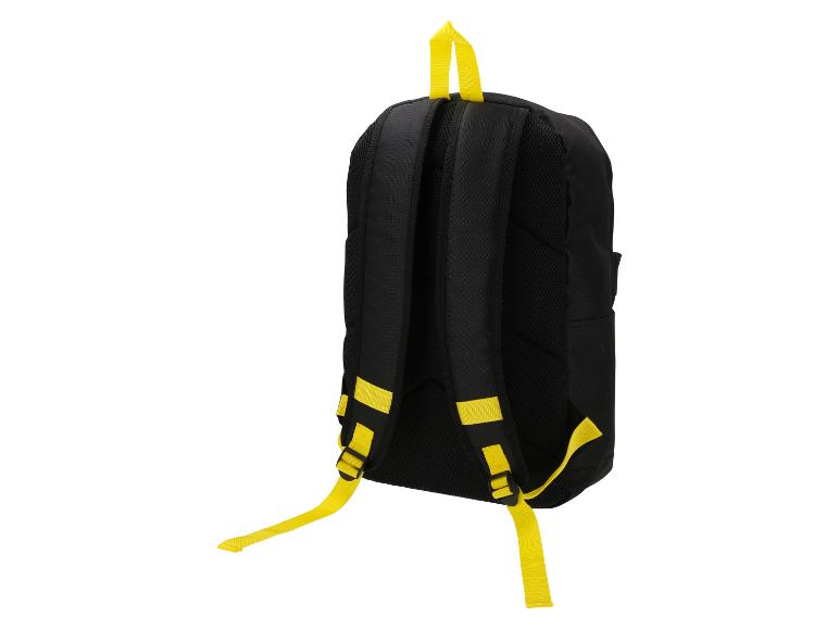 Schwarzer Rucksack mit gelben Riemen, Rückansicht.