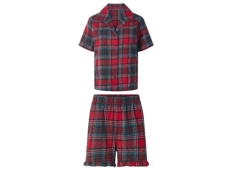 Rot-grüner karierter Kurzarm-Pyjama-Set mit Rüschenshorts.