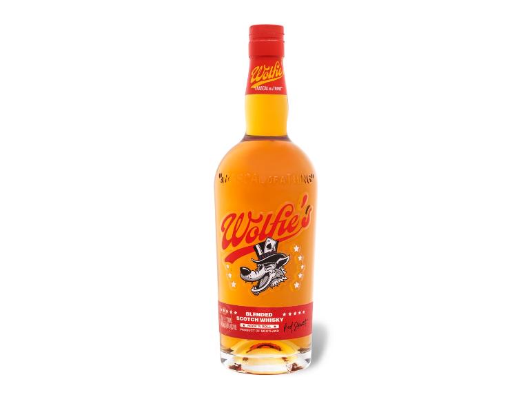 Flasche Wolfie's Blended Scotch Whisky mit Wolfsetikett und der Aufschrift „Rock 'n Roll“.
