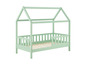 Ein mintgrünes Kinderbett mit einem hausförmigen Rahmen.