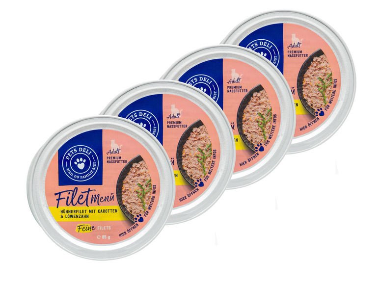 Gehe zu Vollbildansicht: PetsDeli Adult Premium Nassfutter Filet Menü Hühnerfilet mit Karotten & Löwenzahn für Katzen, 4 x 85 g - Bild 1