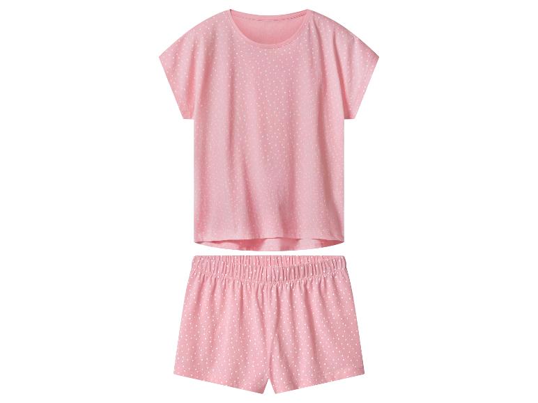 Rosa Damen-Pyjama mit weißen Punkten, bestehend aus T-Shirt und Shorts.