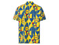 Gelbes und blaues Lidl-Shirt mit geometrischem Muster.
