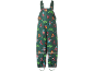 Grüne wasserdichte Kinder-Latzhose mit Superhelden-Print, verstellbaren Trägern und Reflexstreifen.