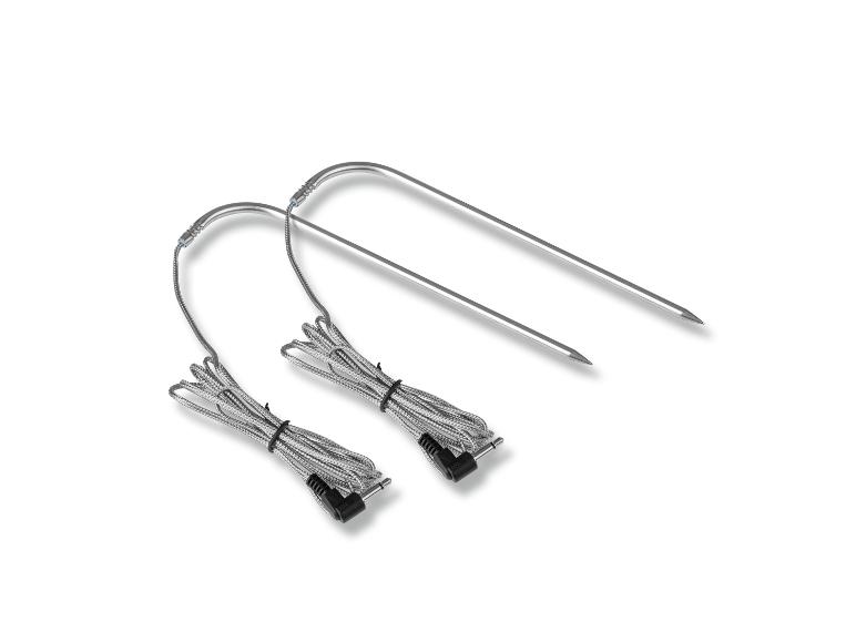 Zwei silberne Fleischthermometer mit Kabeln und Steckern