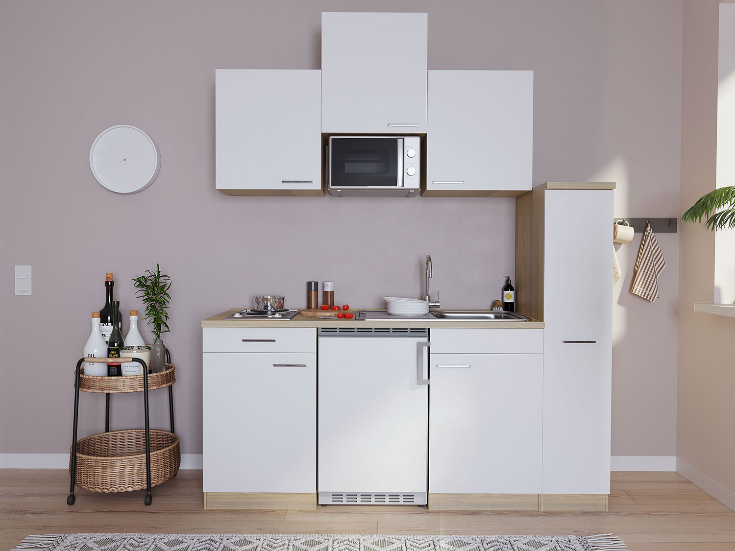 Respekta Singleküche Eiche Sonoma Sägerau 150/160/180cm (mit Mikrowelle, weiß mit Kochmulde, Breite 180cm) | 04260344974092