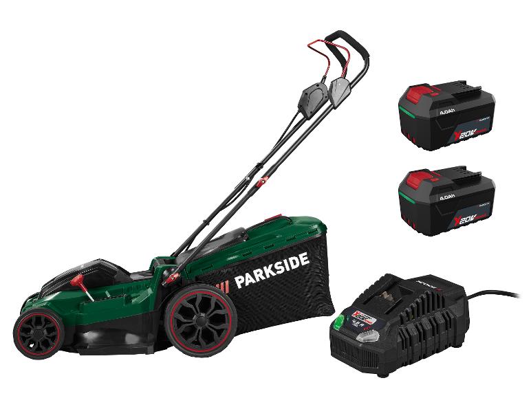 Akku-Rasenmäher mit zwei 4,0 Ah Akkus und einem Ladegerät.