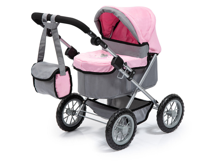 Ein rosa und grauer Puppenwagen mit einer passenden Tasche.