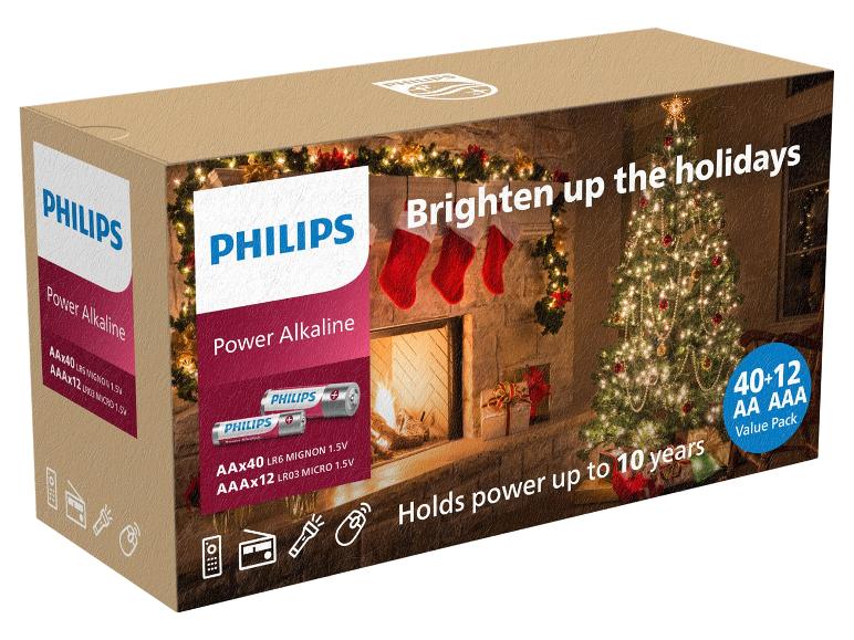 Philips Power Alkaline Batterien in einer Weihnachtsgeschenkbox, 40 AA und 12 AAA.