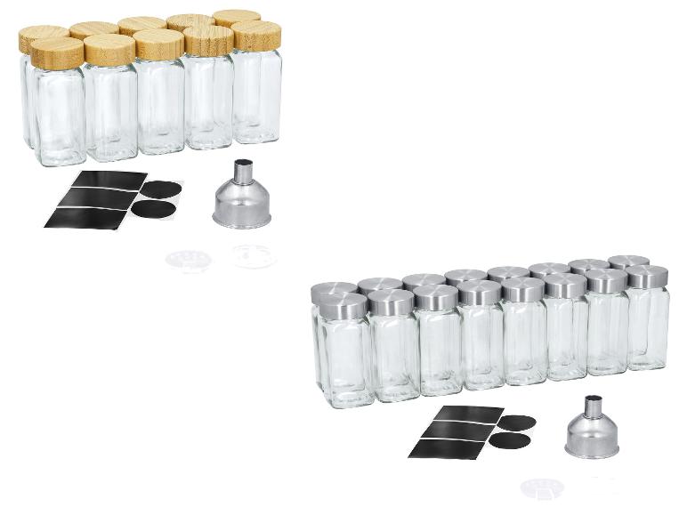 Glas-Gewürzgläser-Set mit Bambus- und Metalldeckeln, inklusive Etiketten und Trichter.