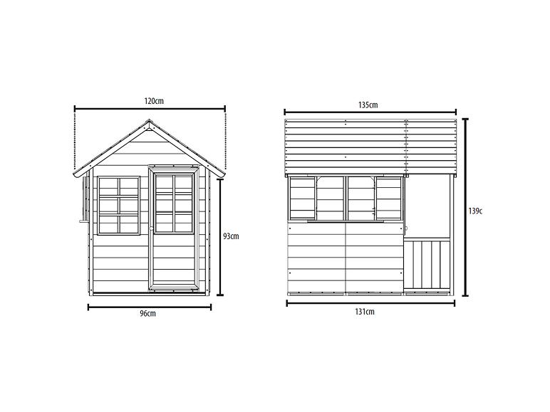 Zwei Maßzeichnungen eines Kinderspielhauses, die Vorder- und Seitenansicht zeigen.
