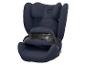 Dunkelblauer Cybex Pallas B Kindersitz mit Sicherheitsgurt und verstellbarer Kopfstütze.