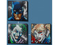 Batman, Joker und Harley Quinn als Mosaikporträts dargestellt.