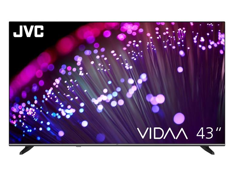 JVC VIDAA 43-Zoll-Fernseher mit farbigem, abstraktem Bildschirm.