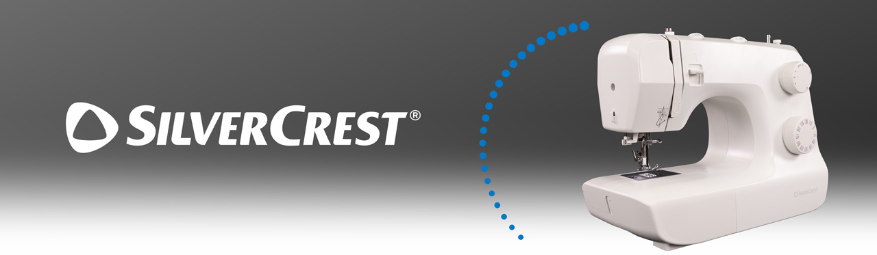 Banner mit Silvercrest Logo und der weißen Nähmaschine SNM 33 D2