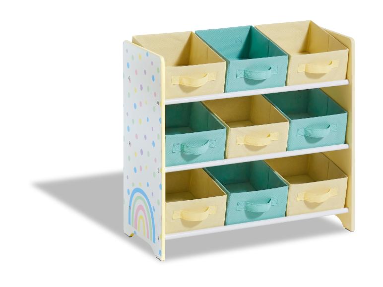 Ein Aufbewahrungsschrank mit bunten Boxen für Kinderzimmer