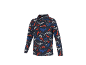 Langarmshirt mit Fuchs- und Bergmuster in Rot, Blau und Weiß auf dunkelblauem Hintergrund.