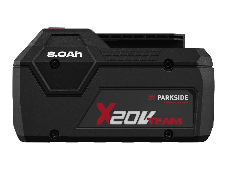 Schwarzer 8.0Ah Elektrowerkzeugakku mit weißem und rotem Text 'X 20V TEAM'.