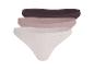 Drei Damen-Slips in Dunkelbraun, Hellrosa und Beige.