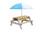 Kinder-Picknicktisch aus Holz mit blau-weißem Sonnenschirm