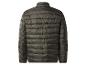 Rückenansicht einer dunkelgrünen gesteppten Herrenjacke mit horizontalen Nähten.