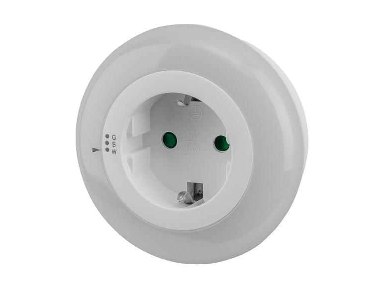 Runde weiße Wandsteckdose mit Farbanzeige (G, B, W) und Spezifikationen 16A 250V.