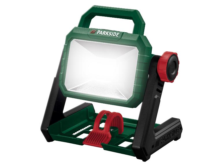 Grüne und rote LED-Arbeitsleuchte mit Griff und verstellbarem Ständer.
