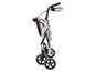 Ein silberfarbener Rollator mit vier Rädern.