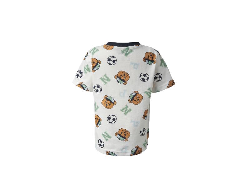 Weißes Kinder-T-Shirt mit Teddybär-, Fußball- und Buchstabenmuster.