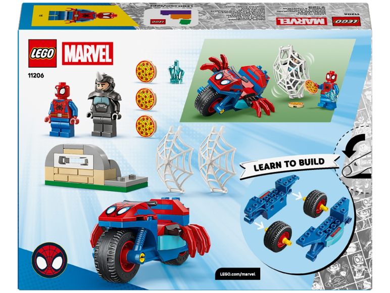 LEGO Marvel Set mit Spider-Man Motorrad, Figuren und Zubehör.