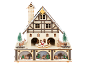 Weihnachtliche Holzdekoration in Form eines Hauses mit Weihnachtsmann, Rentieren und Tannen