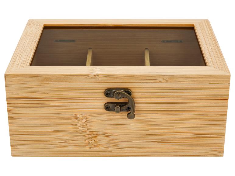 Bambus-Teebox mit transparentem Deckel und Metallverschluss.