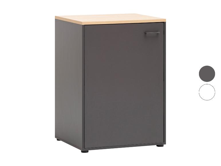 Grauer Schrank mit heller Holzplatte, Griff rechts und Farbauswahlkreisen.