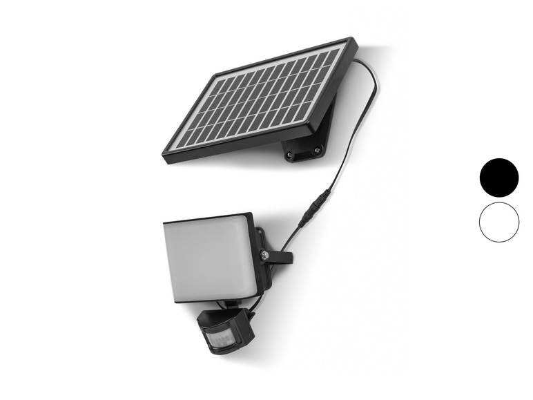 Ein Solarpanel und eine LED-Lampe mit Bewegungssensor.