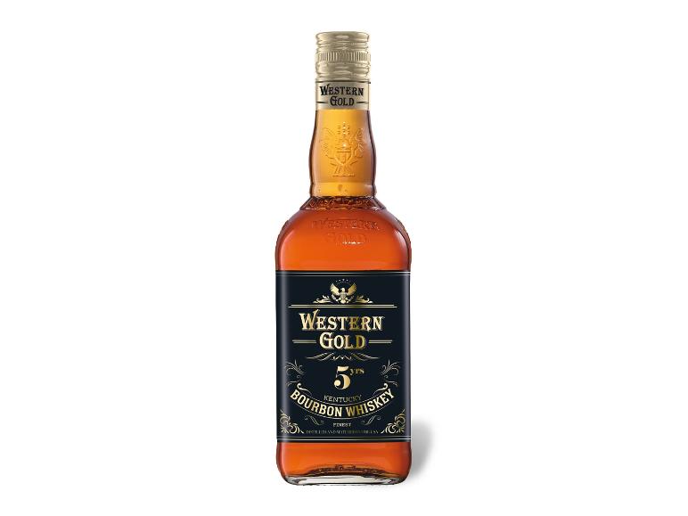 WESTERN GOLD Bourbon Whiskey 5 Jahre 40% Vol. in einer Flasche mit schwarzem Etikett.