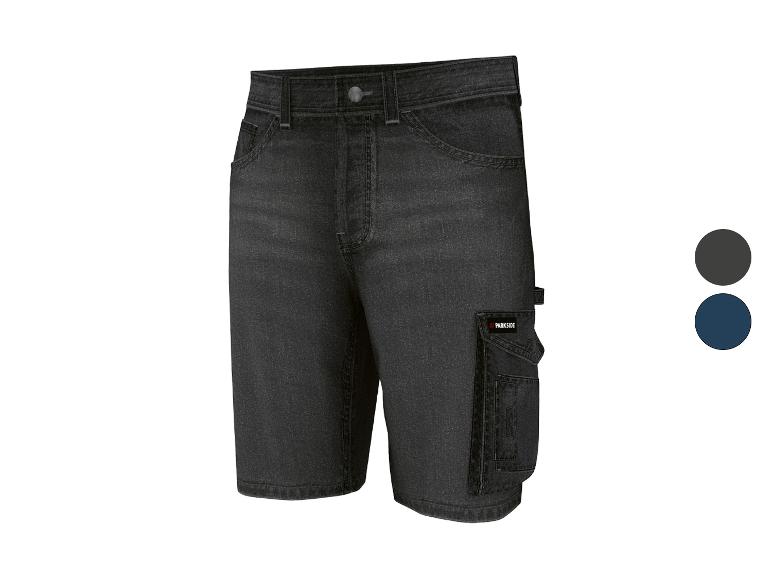 Dunkle Jeans-Arbeitsshorts mit Seitentaschen und Nahtdetails.