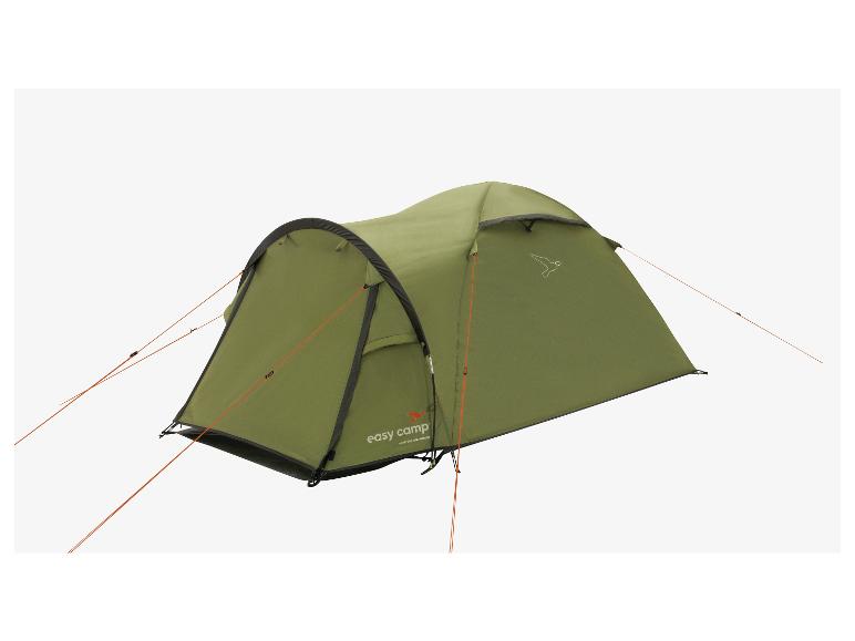 Ein grünes Easy Camp-Zelt mit einem fliegenden Vogellogo.