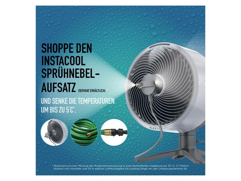 Shark FlexBreeze Tischventilator mit optionalem InstaCool Sprühnebel-Aufsatz.