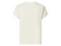 Einfaches cremefarbenes Damen-T-Shirt mit hochgekrempelten kurzen Ärmeln, Rückansicht.