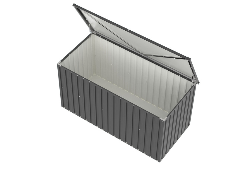 Eine Metall-Aufbewahrungsbox mit offenem Deckel.